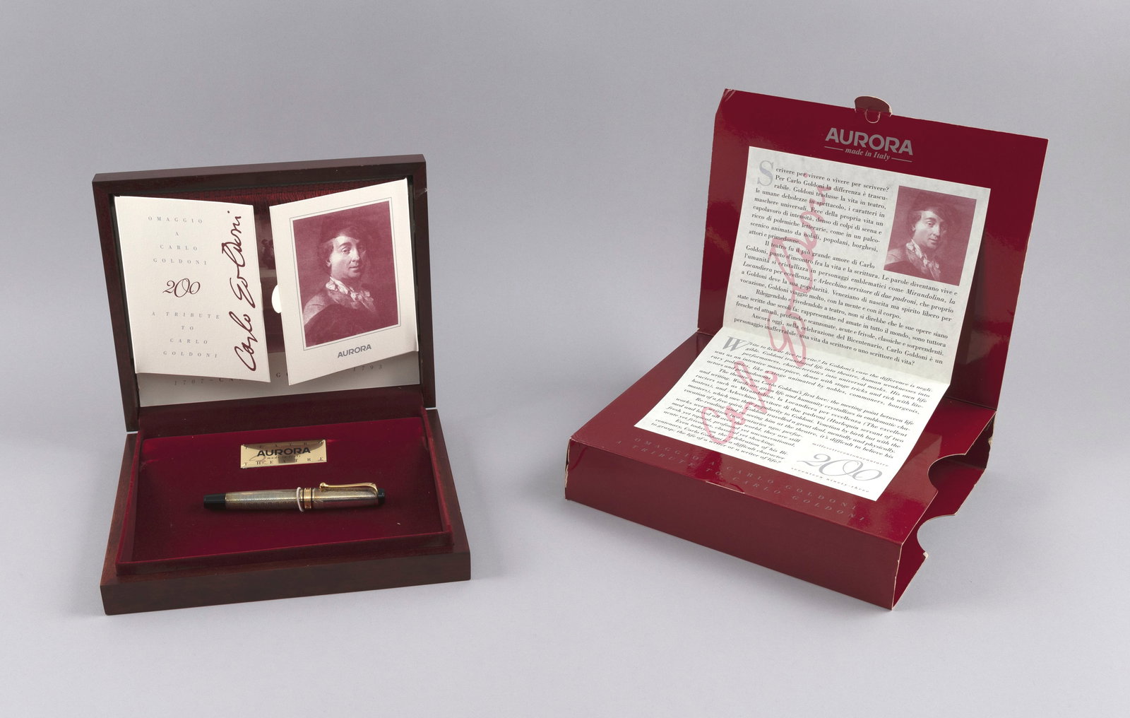 AURORA TRIBUTE TO CARLO GOLDONI LIMITED EDITION FOUNTAIN PEN Italy, 1993 Pen length 5.125". Box (1 of 6)