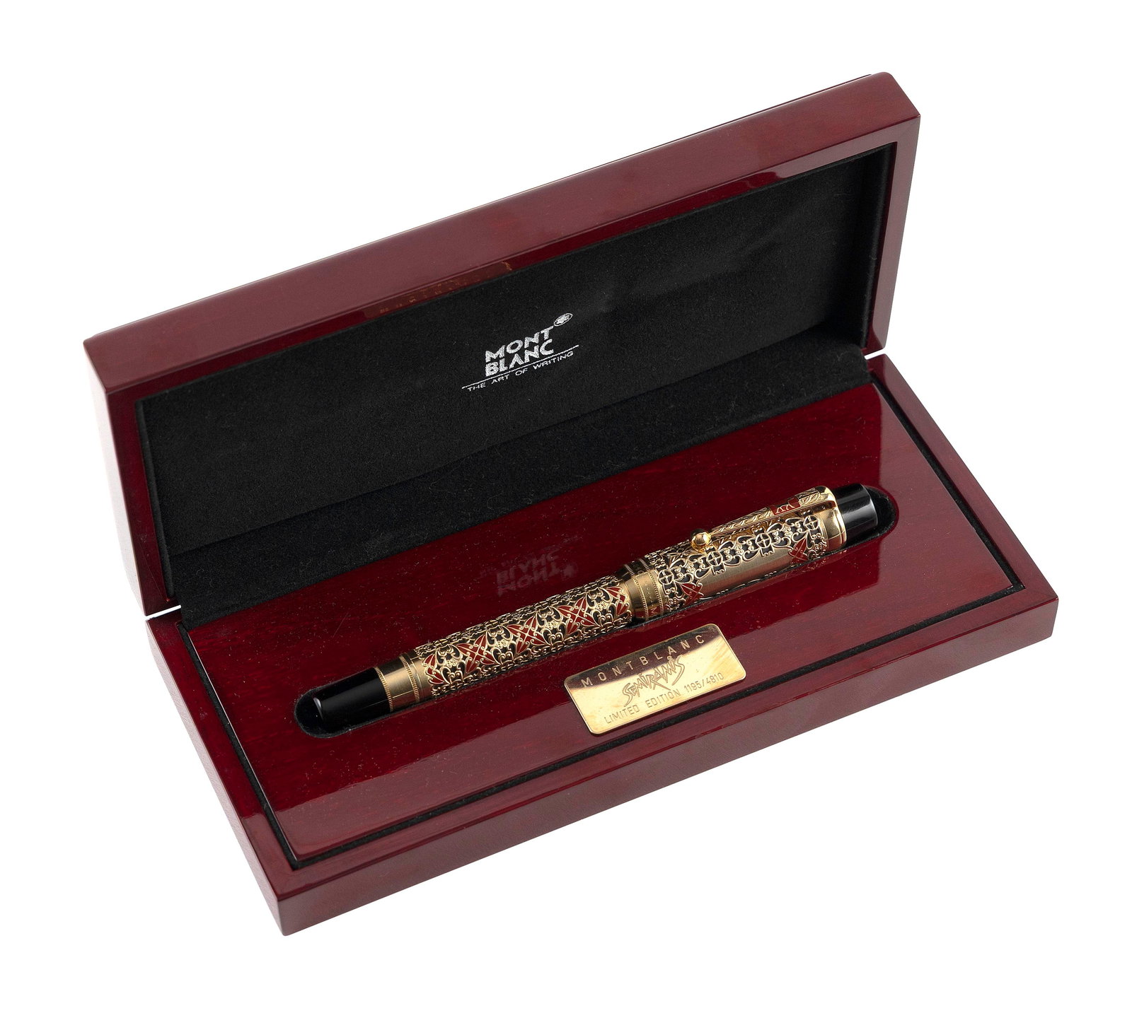 MONTBLANC SEMIRAMIS LIMITED EDITION FOUNTAIN PEN 1996 Pen length 5.75". Hard case height 1.5". Width: MONTBLANC SEMIRAMIS LIMITED EDITION FOUNTAIN PEN1996From the Patron of Art series as a tribute to the warrior-queen. Black resin and intricate 18kt gold-plated filigree overlay, with a medium 18kt yel