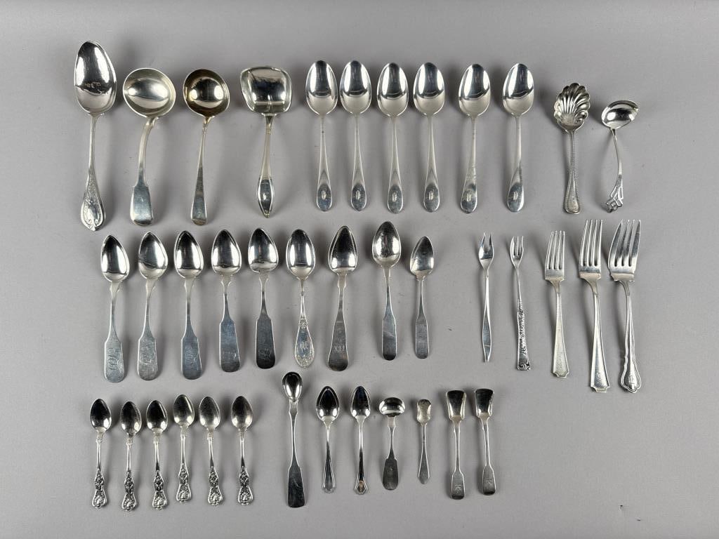 THIRTY-EIGHT PIECES OF STERLING AND COIN SILVER FLATWARE 19th and 20th Centuries Approx. 31.2 troy (1 of 5)