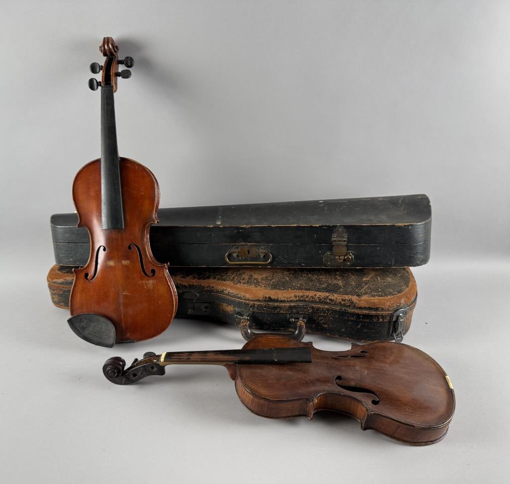 TWO CASED VIOLINS Early 20th Century Lengths 23" and 23.5". (1 of 7)