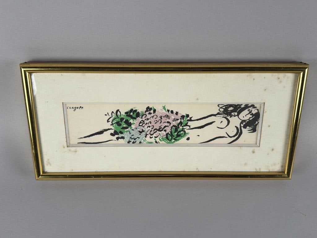 MARC CHAGALL (New York/France/Russian Federation, 1887-1985), "La Petite Nue"., Color lithograph, 3": MARC CHAGALL New York/France/Russian Federation, 1887-1985 "La Petite Nue". Invitation card for "The Exhibition Ceramiques, Sculptures to Les Fables de La Fontaine", 1952, Galerie Maeght, Paris. Color