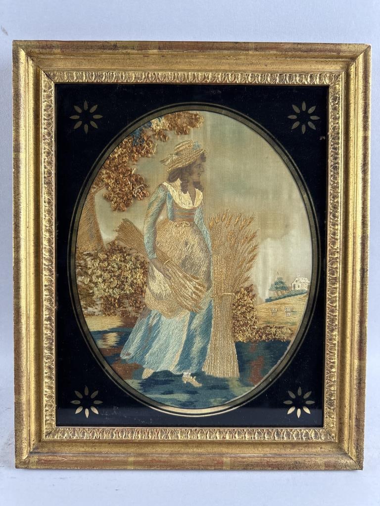 ENGLISH PICTORIAL NEEDLEWORK 19th Century 10" x 8" sight. Framed 13.25" x 11.25". (1 of 2)