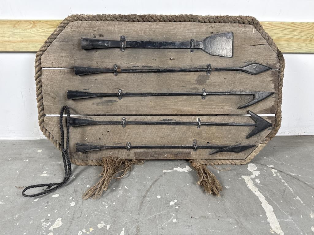 DISPLAY OF FIVE REPRODUCTION WHALING IRONS ON A PINE BOARD 20th Century 25" x 44". (1 of 3)