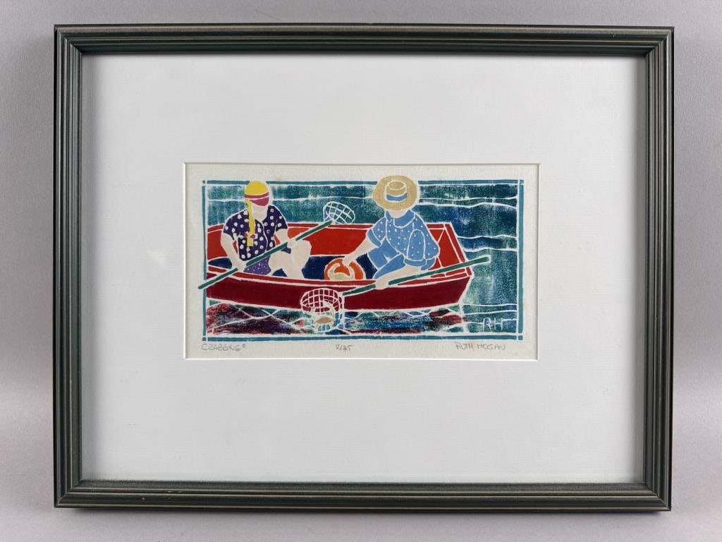 RUTH D. HOGAN (Massachusetts/New Mexico, 1943-), "Crabbing"., Woodblock print, 5" x 9.5". Framed (1 of 3)
