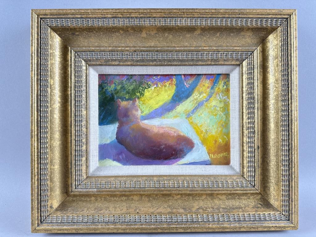 RICHARD MURCHAKE (Massachusetts, Contemporary), Cat on a table., Oil on board, 6" x 8". Framed 11.5" (1 of 3)