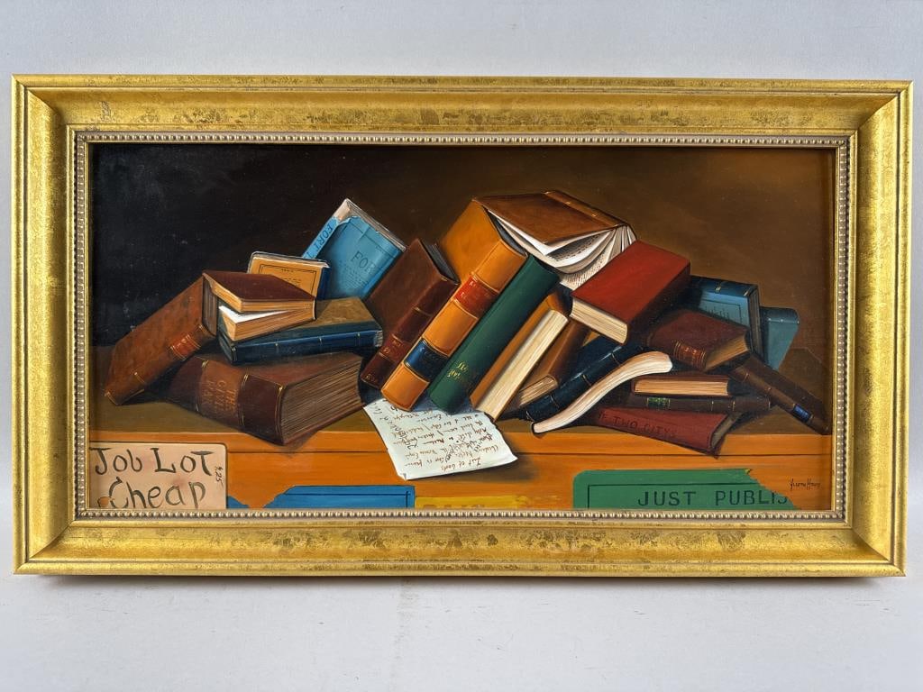JEROME HOWES (New York/Massachusetts, 1955-), "Job Lot Cheap"., Oil on masonite, 12" x 24". Framed (1 of 3)