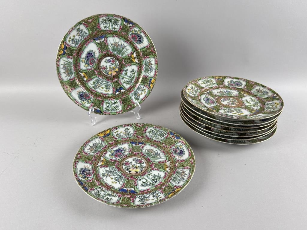 SET OF NINE JAPANESE PORCELAIN PLATES WITH ROSE CANTON-STYLE DECORATION Early 20th Century Diameters: SET OF NINE JAPANESE PORCELAIN PLATES WITH ROSE CANTON-STYLE DECORATION Early 20th Century Light blue mark on undersides. Diameters 10.75".