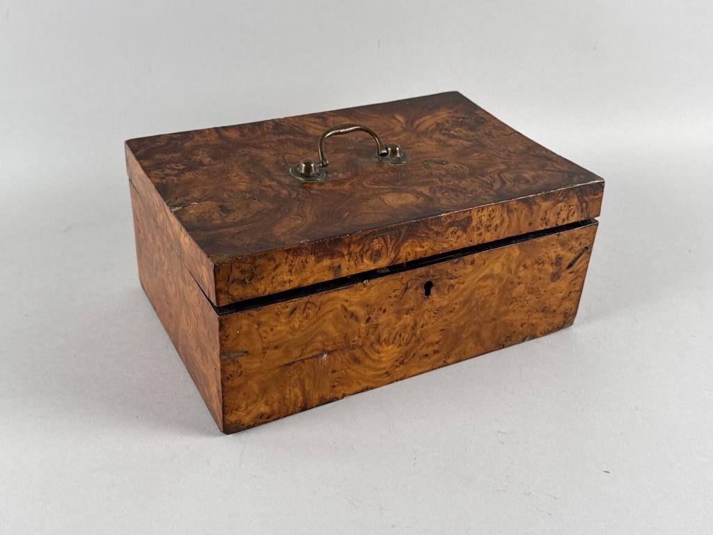 BURLWOOD DOCUMENT BOX 19th Century Height 4.5". Width 10.5". Depth 7". (1 of 5)