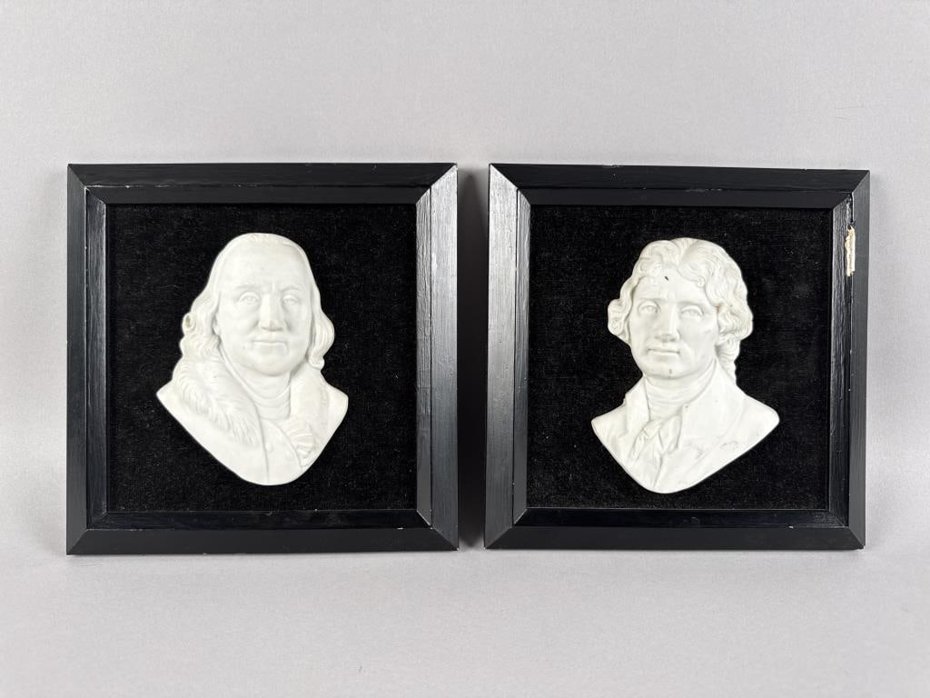 PAIR OF PARIAN BUSTS OF GEORGE WASHINGTON AND BENJAMIN FRANKLIN 20th Century Framed 8" x 8". (1 of 2)