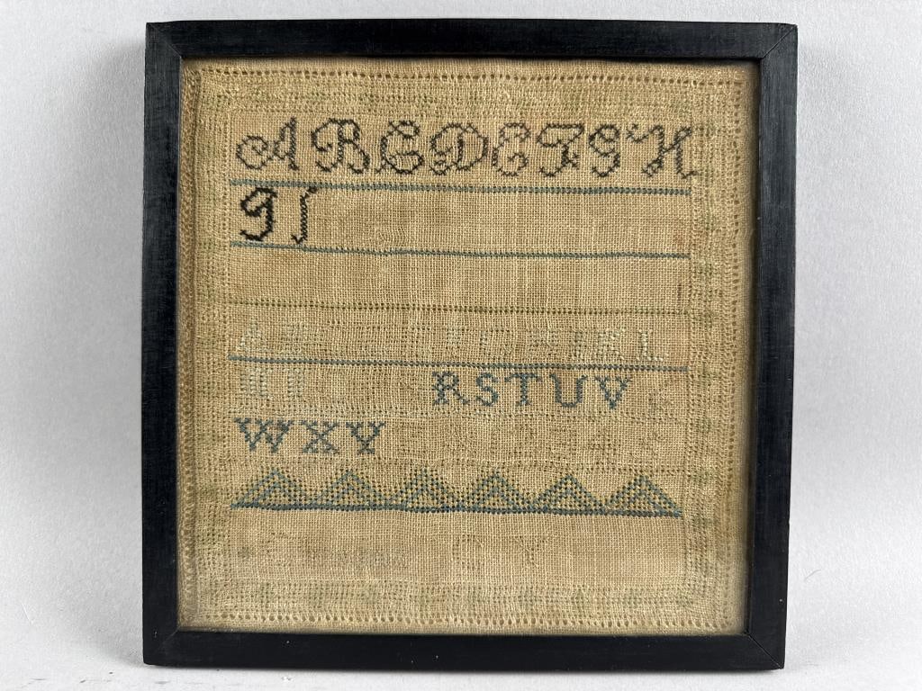 SMALL NEEDLEWOK SAMPLER 19th Century 7.75 x 7.5" sight. Framed 8.75" x 8.5". (1 of 2)