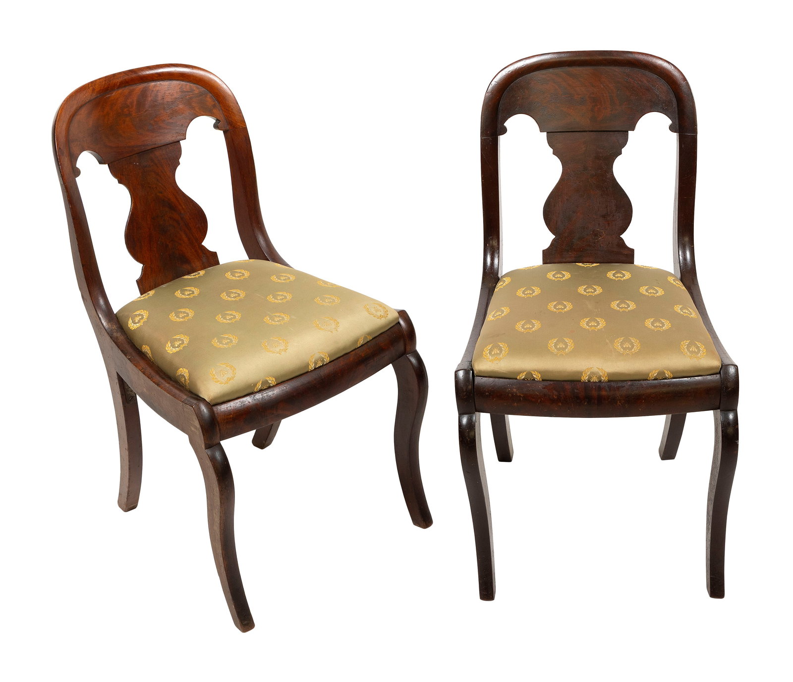 PAIR OF AMERICAN EMPIRE DINING CHAIRS Mid-19th Century Back heights 32". Seat heights 18".: PAIR OF AMERICAN EMPIRE DINING CHAIRS Mid-19th Century Mahogany veneer over hardwood. Arched backs with vasiform splats. Slip seats with celadon green upholstery with a gold bee and laurel leaf design
