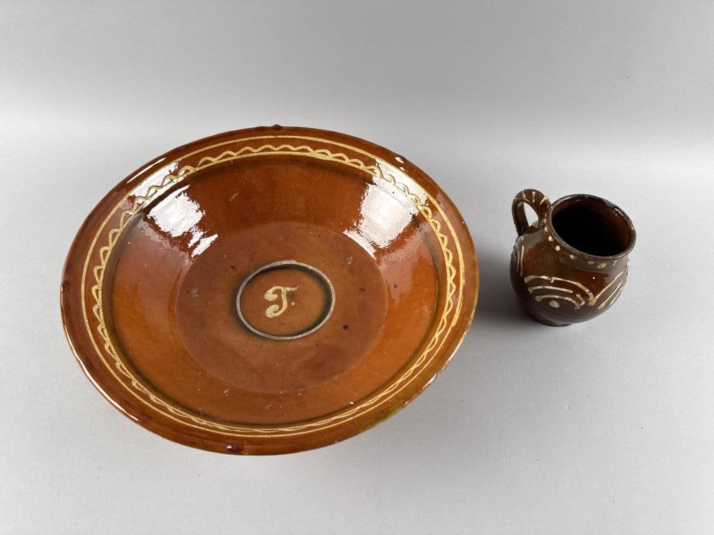 TWO PIECES OF SLIP-DECORATED REDWARE 19th Century (1 of 4)