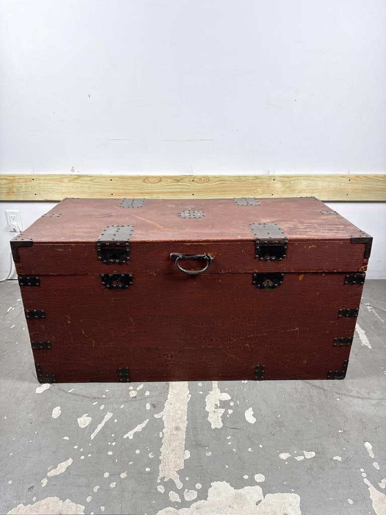 RED PAINTED CAMPHORWOOD CAMPAIGN TRUNK Late 19th Century Height 22". Width 44". Depth 18.5". (1 of 7)