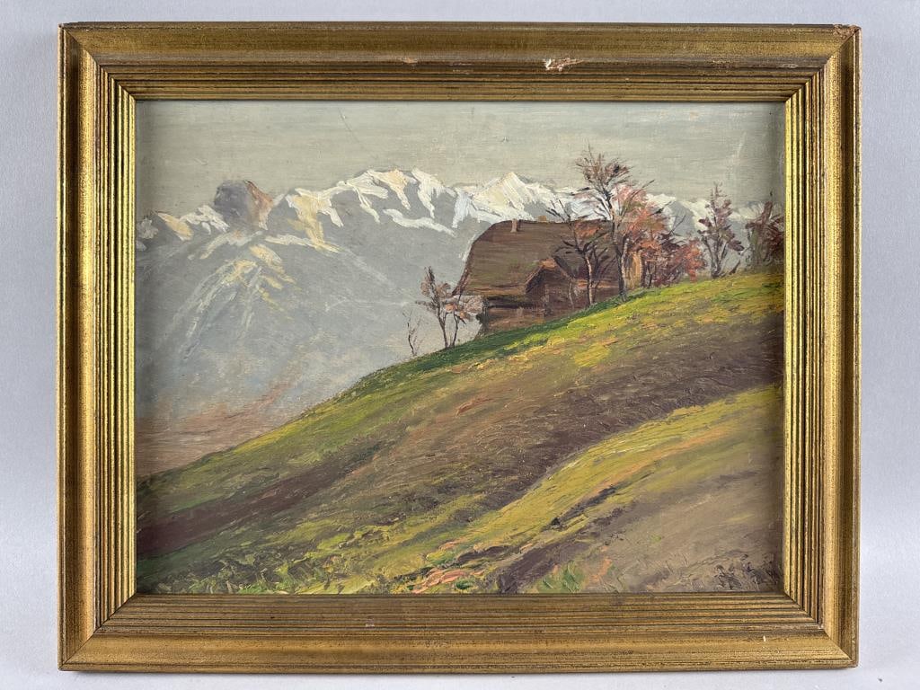 AMERICAN SCHOOL (20th Century,), Mountain landscape with cabin., Oil on cardboard, 11.75" x 14.25". (1 of 2)