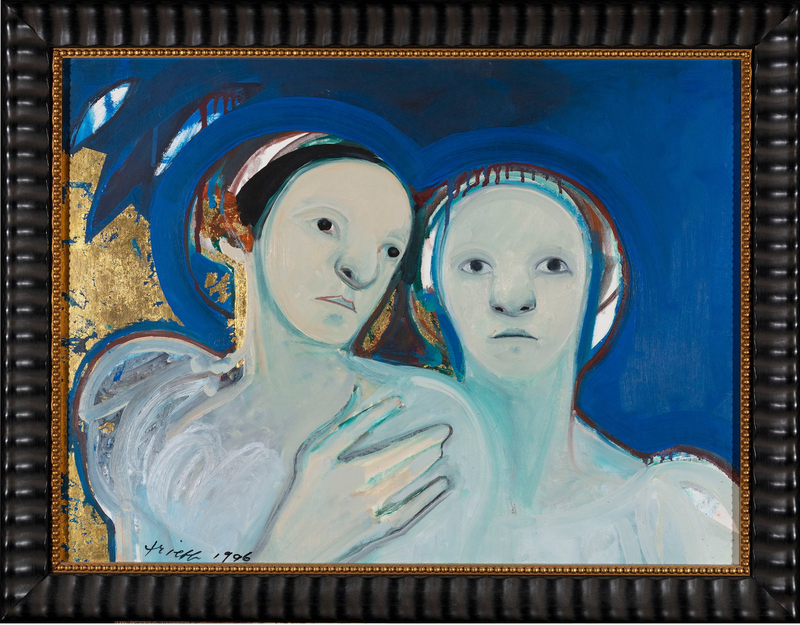SELINA TRIEFF (New York/Massachusetts, 1934-2015), Two Women on Teal, 1996., Oil and gold leaf on: SELINA TRIEFF New York/Massachusetts, 1934-2015 Two Women on Teal, 1996. Signed and dated lower left. Berta Walker Gallery label verso. Oil and gold leaf on Hypro, 18" x 24". Framed 21.5" x 27.5".