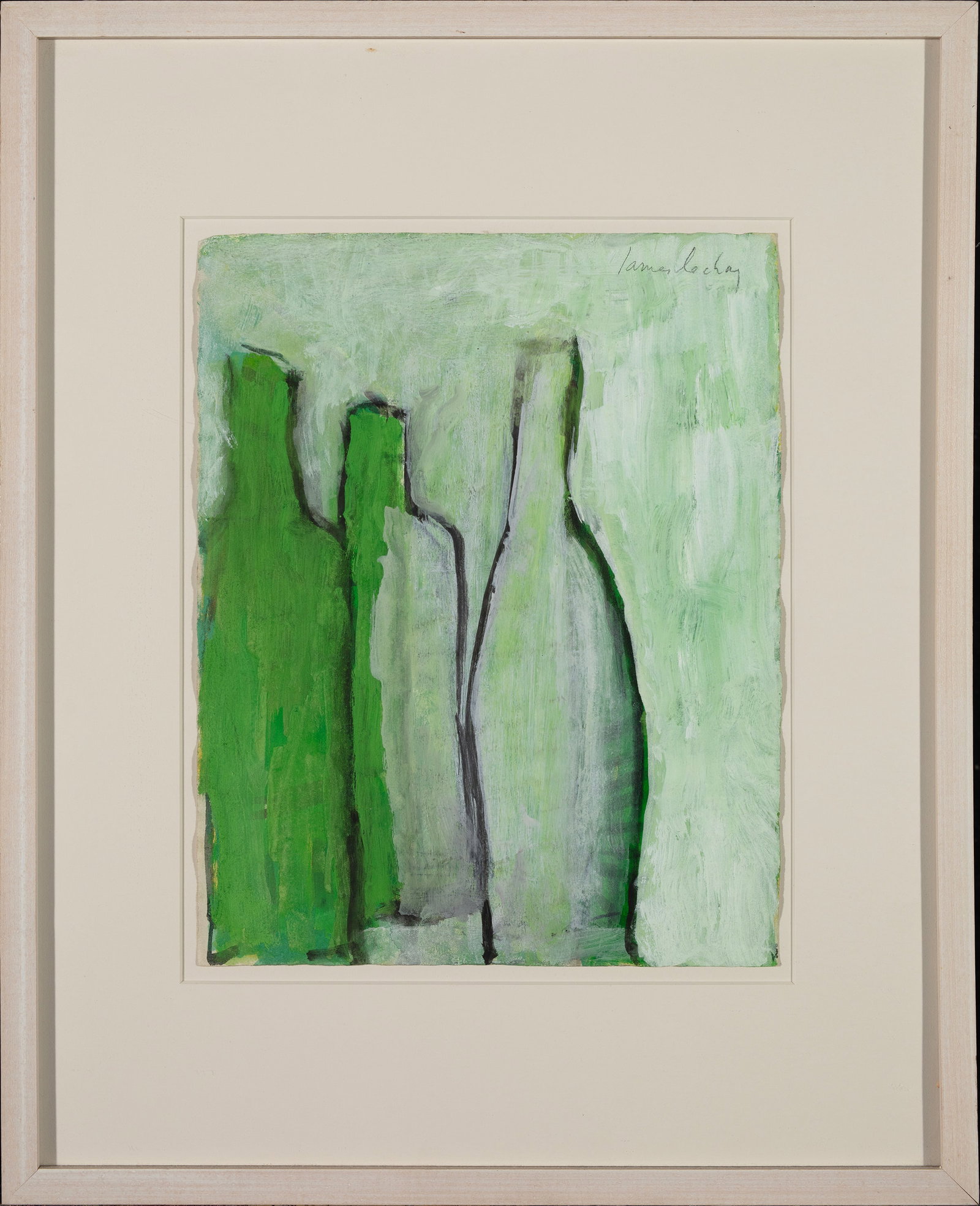 JAMES LECHAY (Massachusetts/Iowa, 1907-2001), Green and Gray #1, undated., Casein on paper, 14" x: JAMES LECHAY Massachusetts/Iowa, 1907-2001 Green and Gray #1, undated. Signed upper left. Kraushaar Galleries label verso. Casein on paper, 14" x 11". Framed 21" x 17".