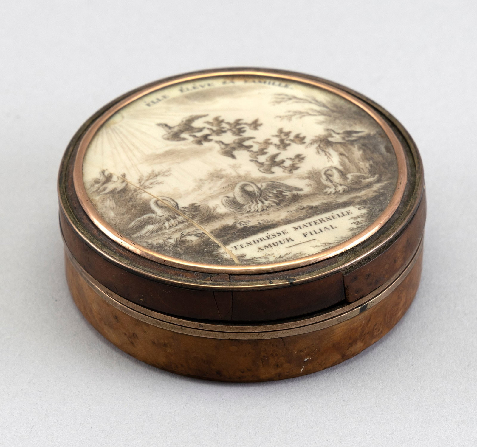 SHELLWORK BOX 19th Century Diameter 3".: SHELLWORK BOX 19th Century Top with classical scene of a flock of birds, mother swans with their cygnets, and verses about maternal love. Diameter 3".