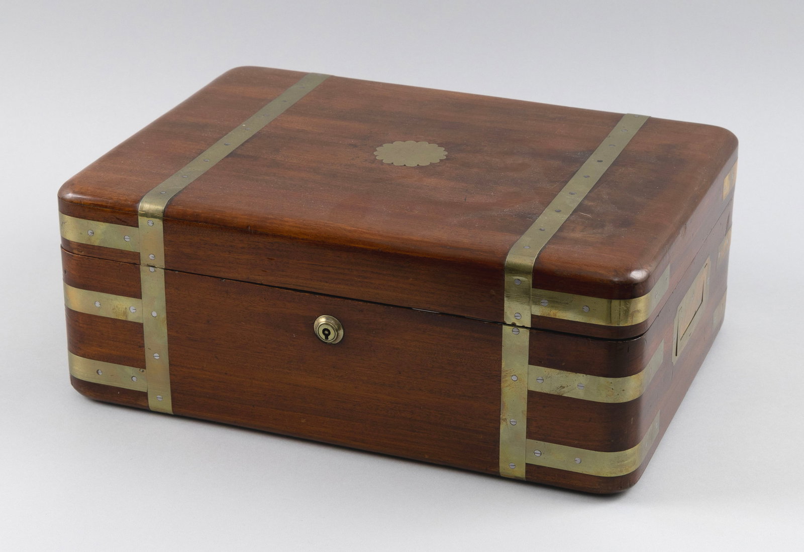 ENGLISH BRASS-BOUND MAHOGANY VALUABLES BOX 19th Century Height 6". Width 14.5". Depth 10.5". (1 of 3)