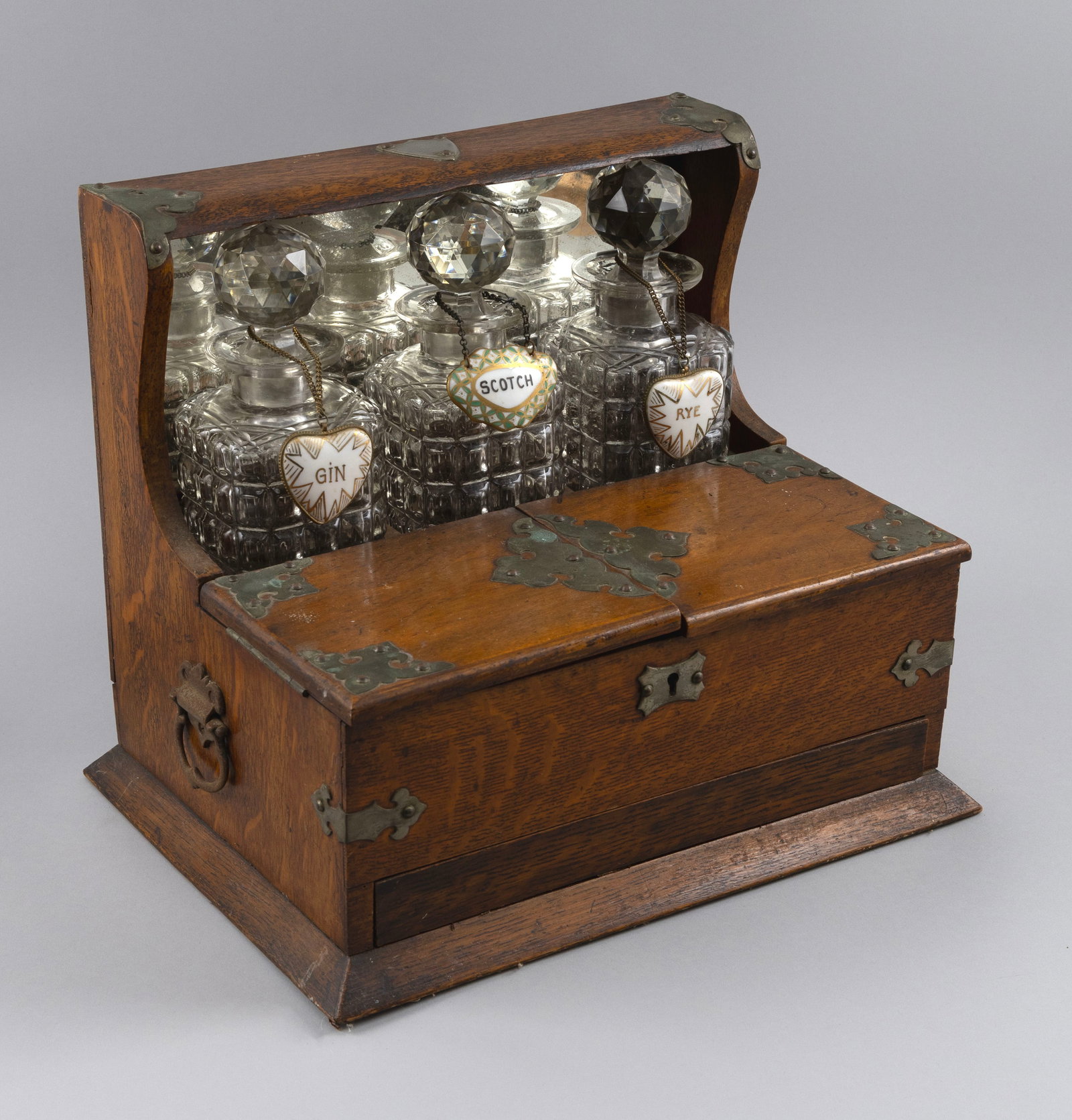 TANTALUS Early 20th Century Case height 14". Width 15". Depth 15.5". (1 of 3)