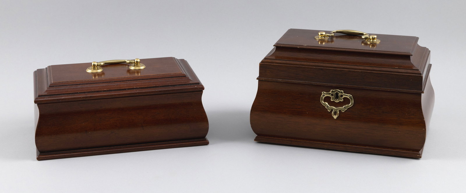 TWO KITTINGER MAHOGANY TEA CADDIES Buffalo, New York, 20th Century Heights from 4" to 6". Widths to (1 of 3)