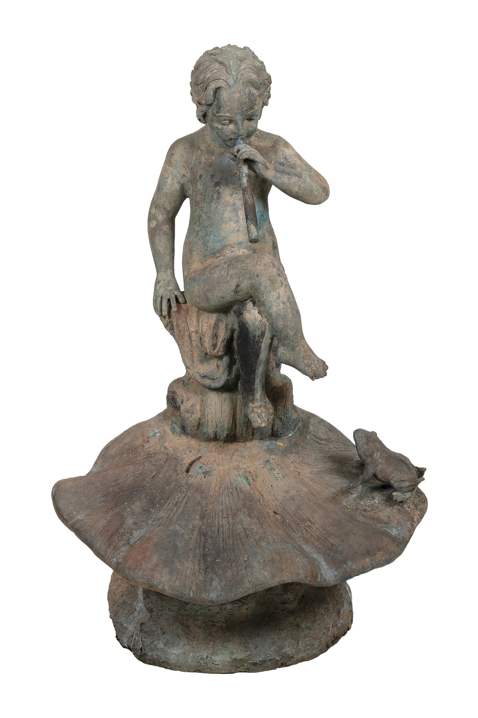 LARGE BRONZE FOUNTAIN OF A BOY PLAYING A FLUTE, 20th Century Height 43". (1 of 2)