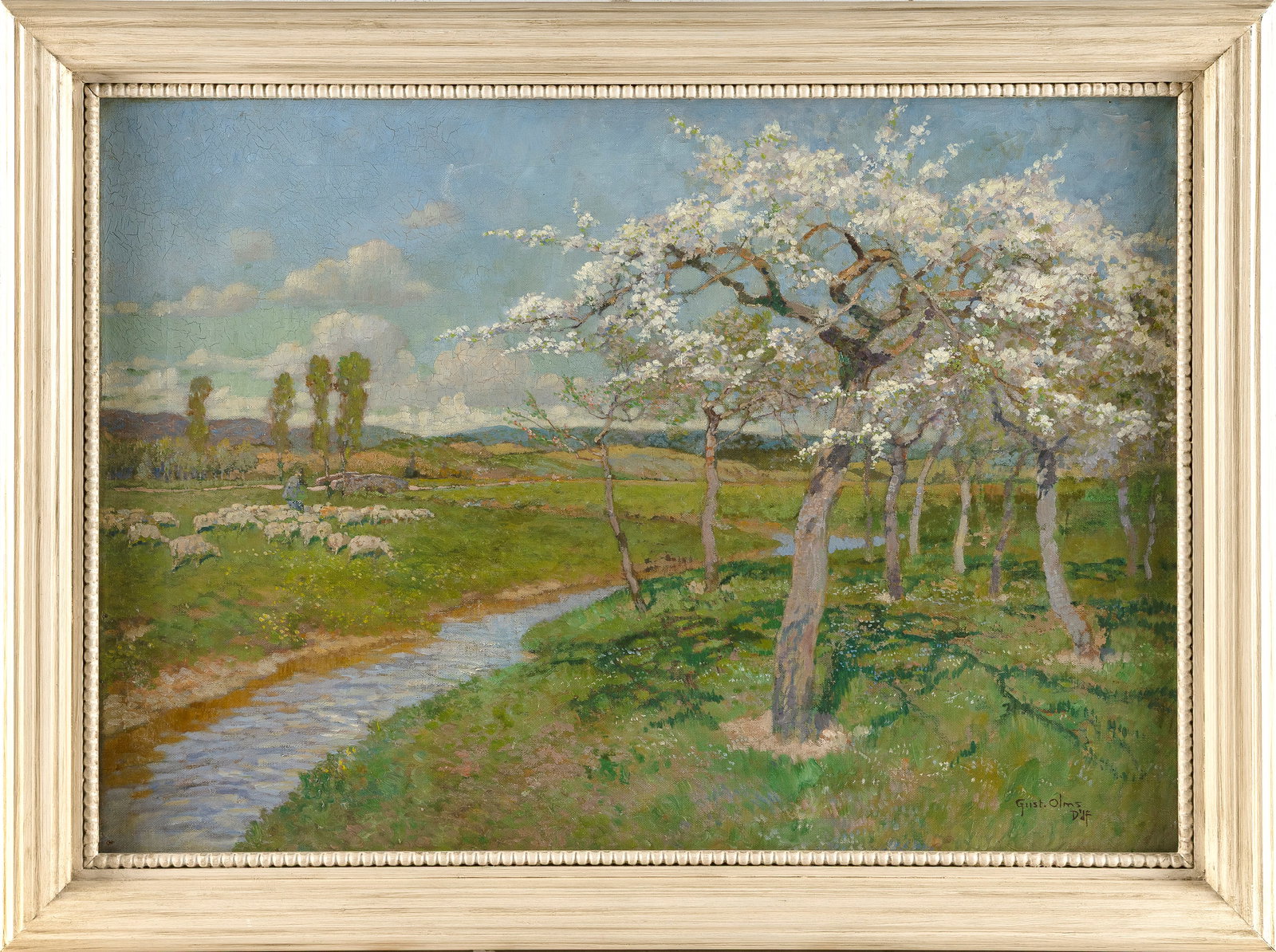 GUSTAV OLMS (Germany, 1865-1927), Blossoming apple trees along a stream., Oil on canvas, 20" x 28". (1 of 2)