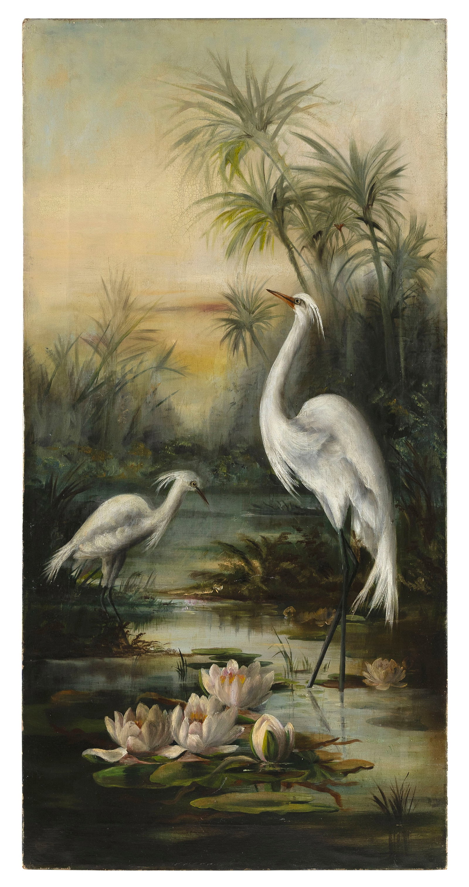 AMERICAN SCHOOL (Early 20th Century,), Egrets in a river., Oil on canvas, 36" x 18". Unframed. (1 of 2)
