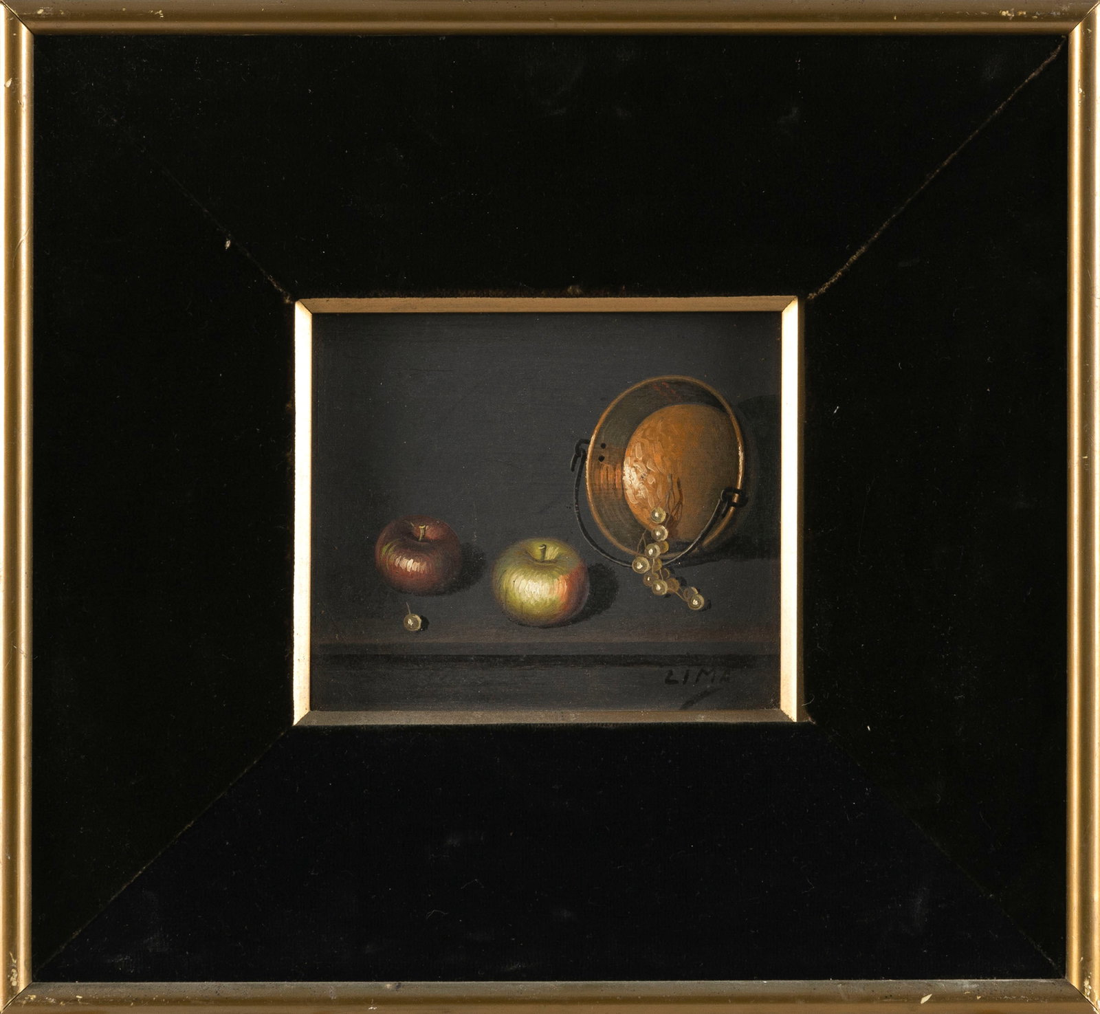 STILL LIFE OF FRUIT 20th Century Oil on board, 4.75" x 5.5" sight. Framed 12" x 13".: STILL LIFE OF FRUIT 20th Century Signed lower right "Lima". Possibly Lima Pizarro (Spain, 20th Century). Oil on board, 4.75" x 5.5" sight. Framed 12" x 13". Provenance: Private Collection, Connecticut