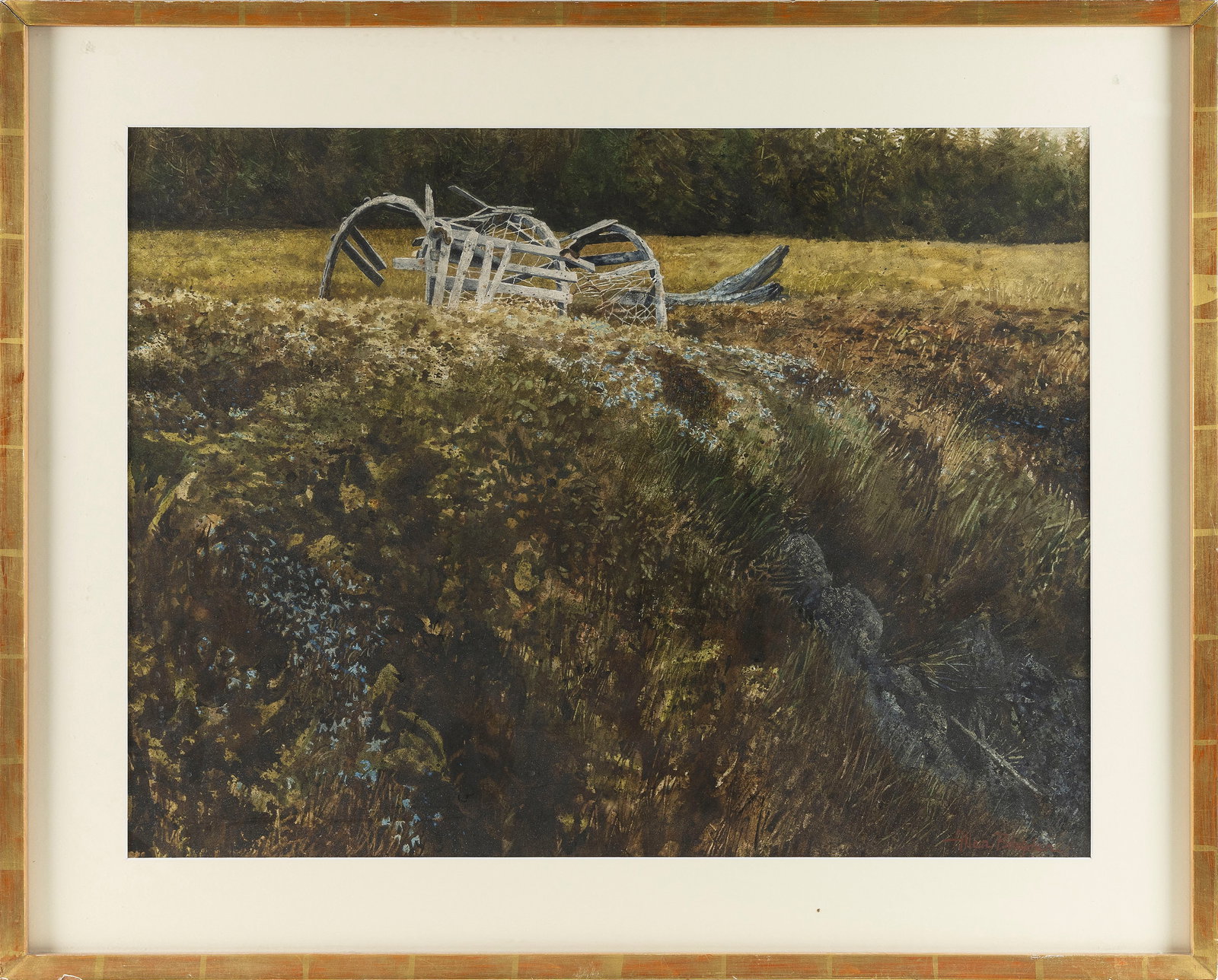 ALLEN BLAGDEN (Connecticut, 1938-), Old lobster trap in a meadow., Watercolor and gouache, 21.5" x (1 of 2)