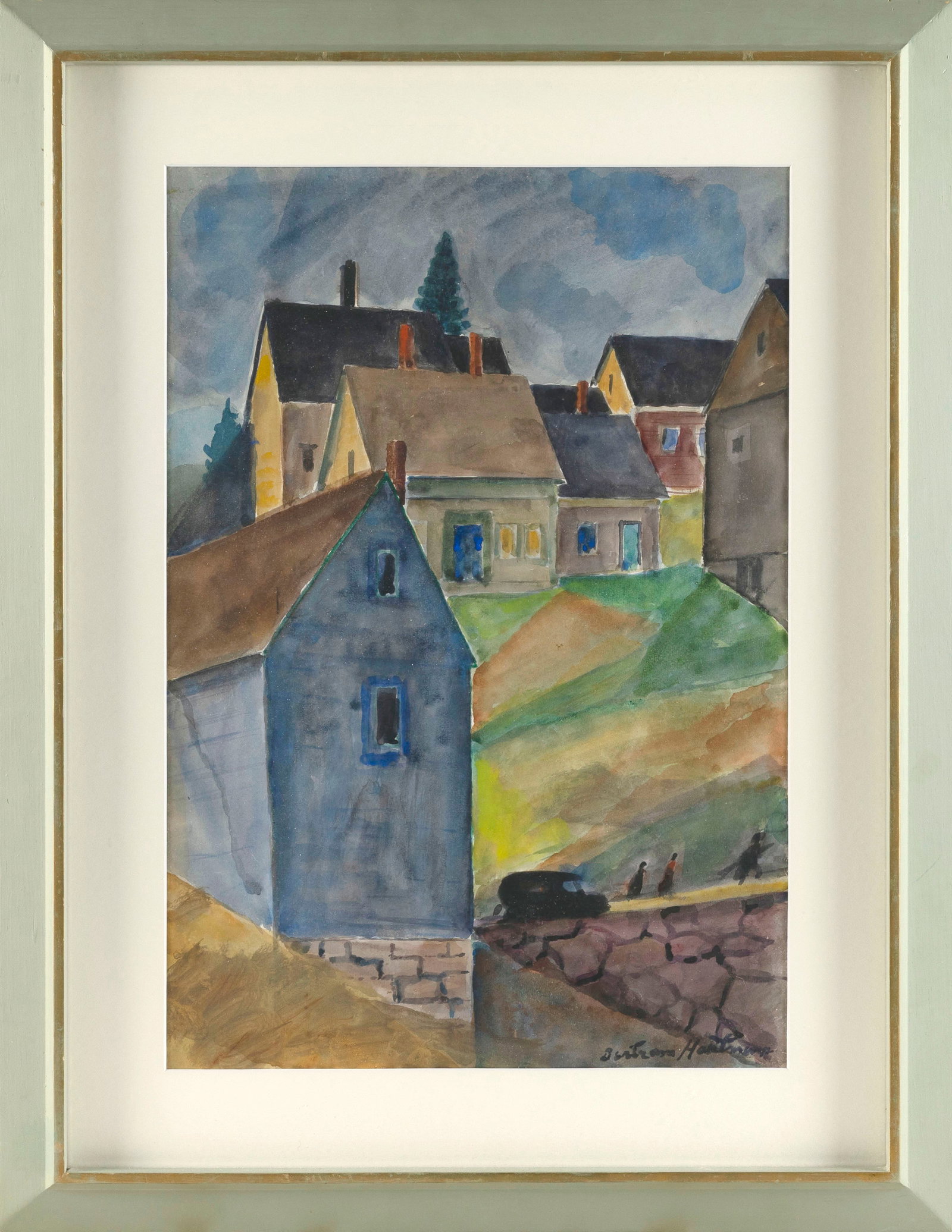 BERTRAM HARTMAN (New York/Kansas, 1882-1960), "Blue House Stonington Maine Circa 1934"., Watercolor: BERTRAM HARTMAN New York/Kansas, 1882-1960 "Blue House Stonington Maine Circa 1934". Signed lower right "Bertram Hartman". Titled verso. Watercolor on paper, 21.5" x 14.5" sight. Framed 30" x 23".