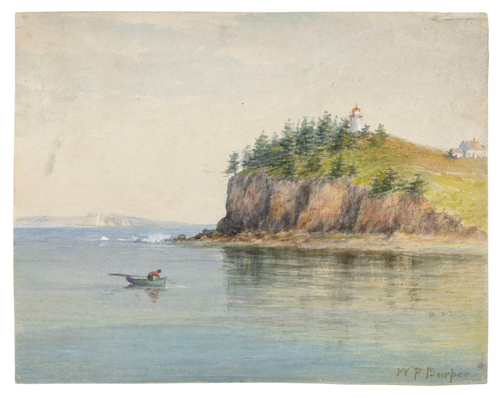 WILLIAM PARTRIDGE BURPEE (Maine/Massachusetts, 1846-1940), Skiff off a coastal lighthouse., (1 of 1)