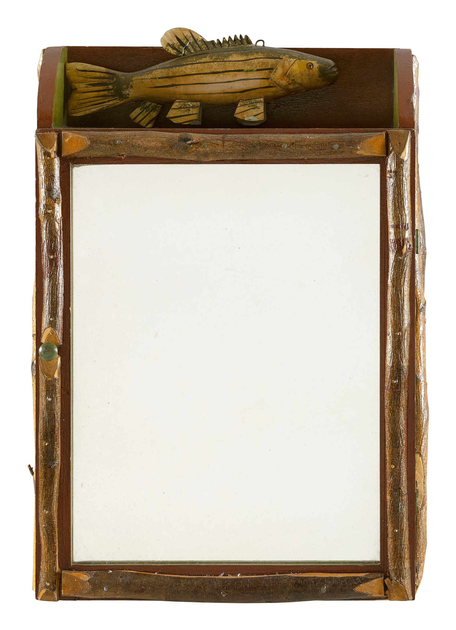 ADIRONDACK-STYLE VANITY MIRROR 20th Century Height 24.5".: ADIRONDACK-STYLE VANITY MIRROR 20th Century Applied carved fish in crest. Mirrored door encloses shelves. Height 24.5".