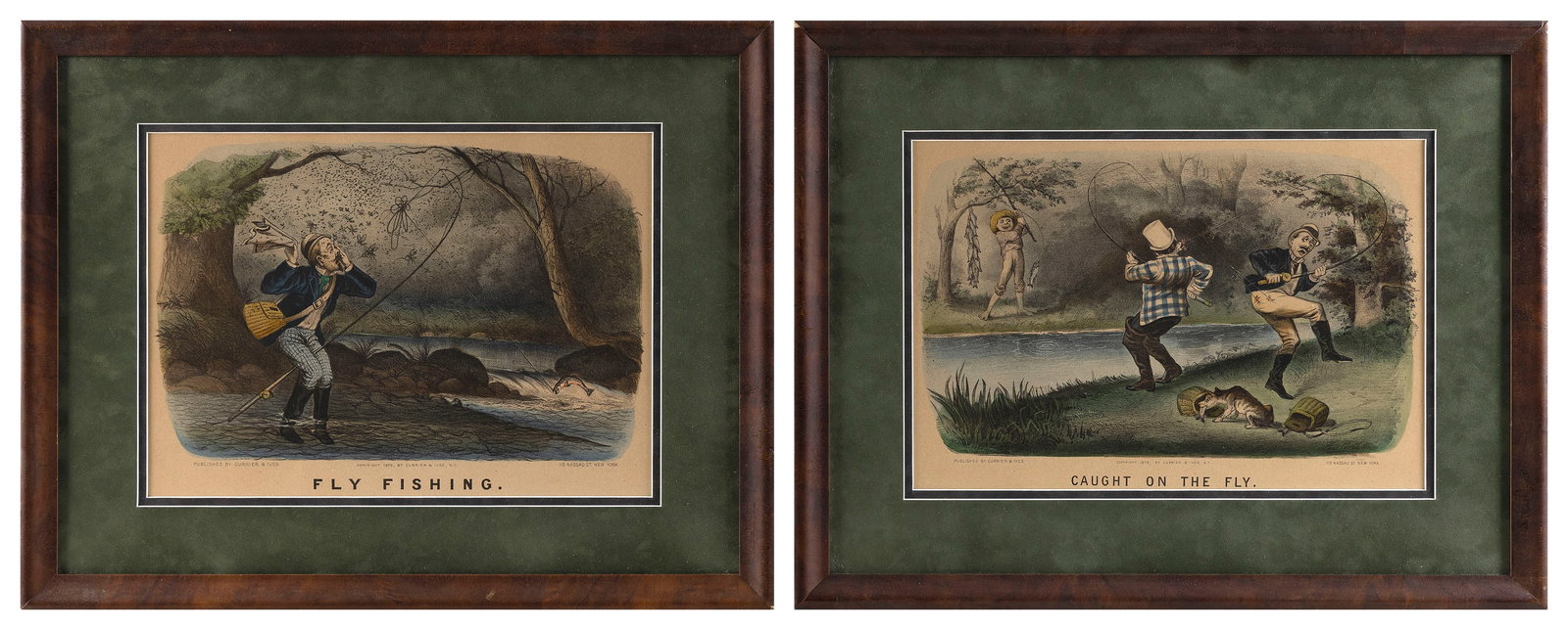TWO CURRIER & IVES FLY FISHING PRINTS Copyright 1879 10" x 14.25" sight. Framed 16.5" x 21". (1 of 2)