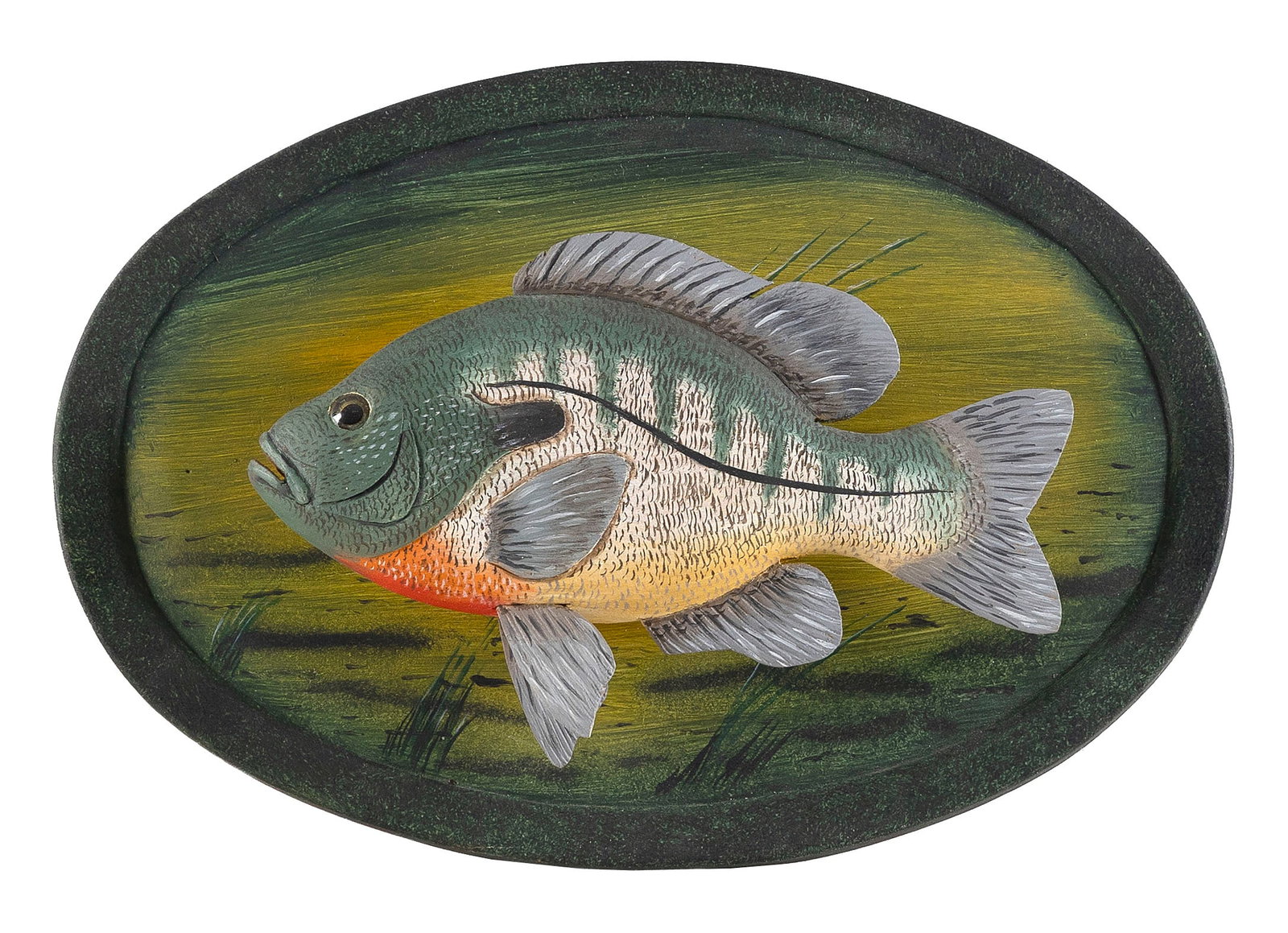 ROGER MITCHELL CARVED AND PAINTED SUNFISH PLAQUE Massachusetts, Contemporary Backboard 7" x 10.5". (1 of 2)