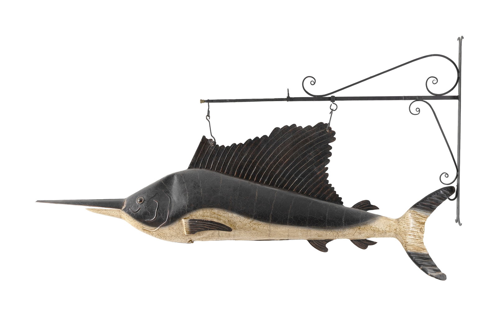 PAINTED TIN FULL-BODIED MARLIN HANGING SIGN Late 20th Century Length 56". Height suspended from (1 of 2)