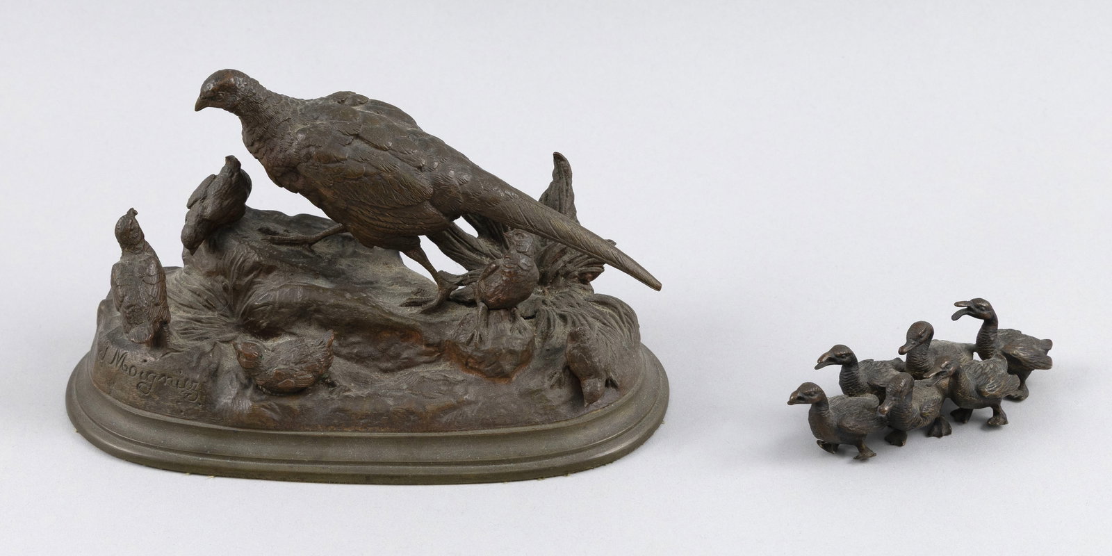 JULES MOIGNIEZ (France, 1835-1894), Pheasant hen with chicks., Bronze, height 5". Length 7". (1 of 6)