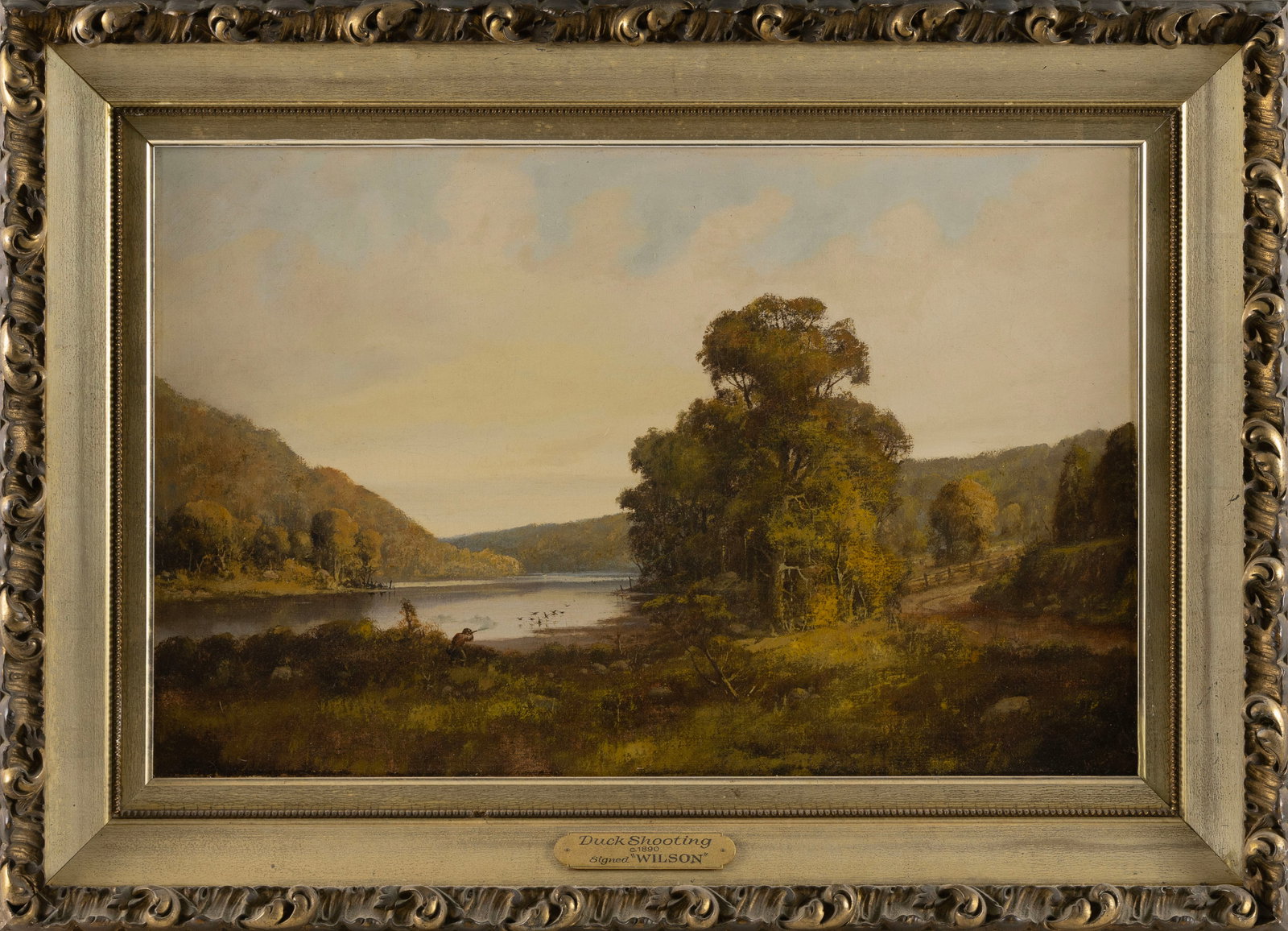 AMERICAN SCHOOL (Late 19th Century,), "Duck Shooting"., Oil on canvas, 18" x 28". Framed 26" x 36". (1 of 2)