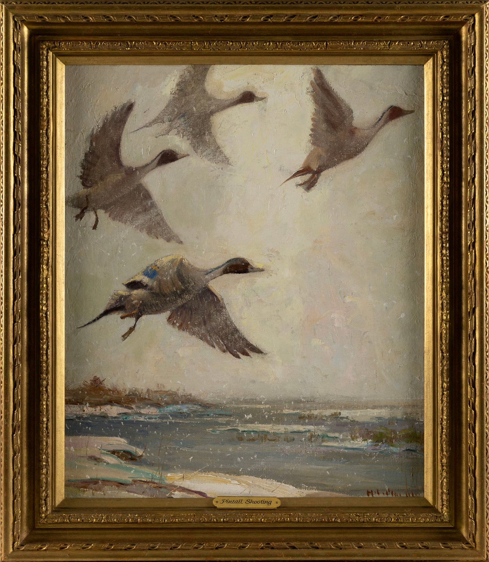 AMERICAN SCHOOL , "Pintail Shooting"., Oil on canvas laid down on masonite, 24" x 19". Framed 30" x (1 of 2)