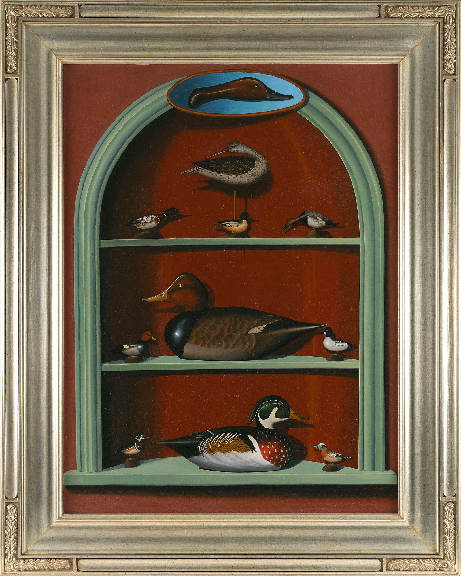 JEROME HOWES (New York/Massachusetts, 1955-), Still life of Elmer Crowell bird carvings in an: JEROME HOWES New York/Massachusetts, 1955- Still life of Elmer Crowell bird carvings in an architectural niche. Signed lower right "Jerome Howes". Oil on masonite, 40" x 30". Framed 49" x 39".