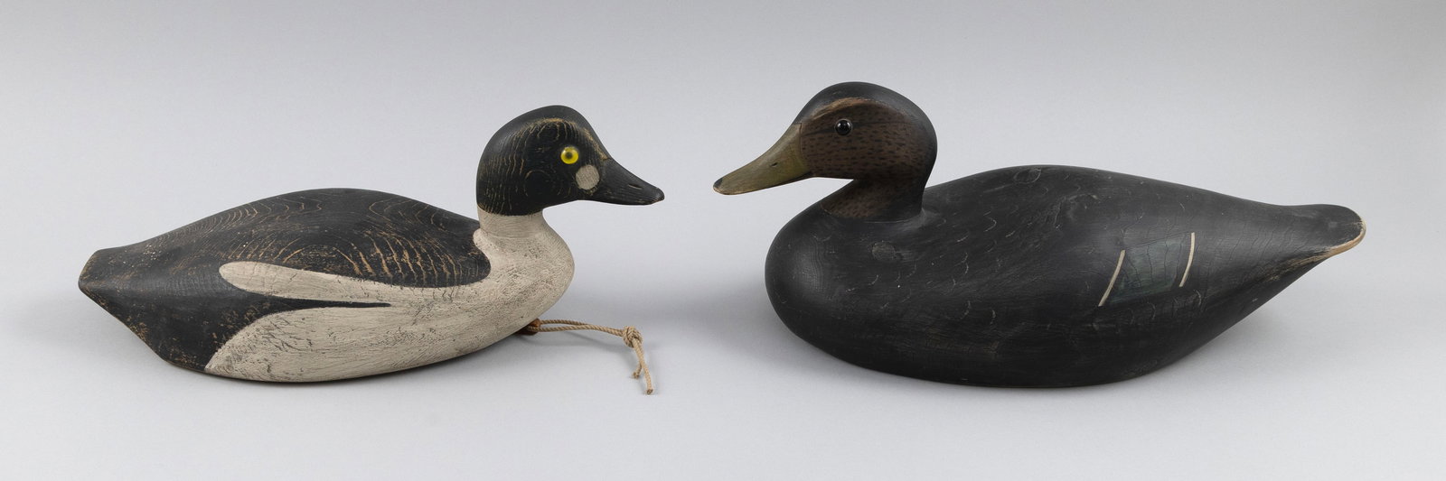 TWO MARTY COLLINS DECOYS IN THE STYLE OF JOE LINCOLN East Wareham, Massachusetts, Contemporary: TWO MARTY COLLINS DECOYS IN THE STYLE OF JOE LINCOLN East Wareham, Massachusetts, Contemporary A goldeneye drake and a black duck. Lengths 14.5" and 17".