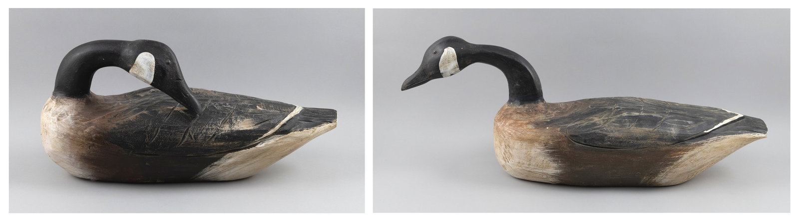 PAIR OF HANK WALKER GOOSE DECOYS Newbury, Massachusetts, 1921-1996 Lengths 23" and 29". (1 of 7)