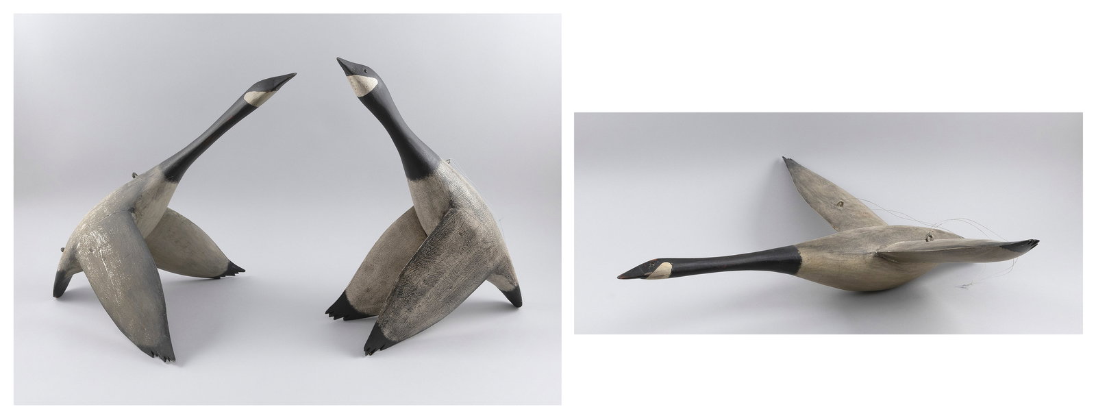 THREE FLYING GOOSE CARVINGS 20th Century Heights 14". Lengths 30". (1 of 7)