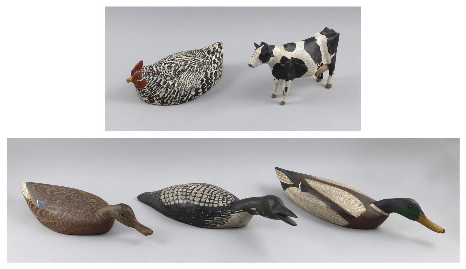 FIVE WILLIAM KILPATRICK ANIMAL CARVINGS Hudson, Massachusetts, 20th Century Lengths from 9" to 22". (1 of 7)