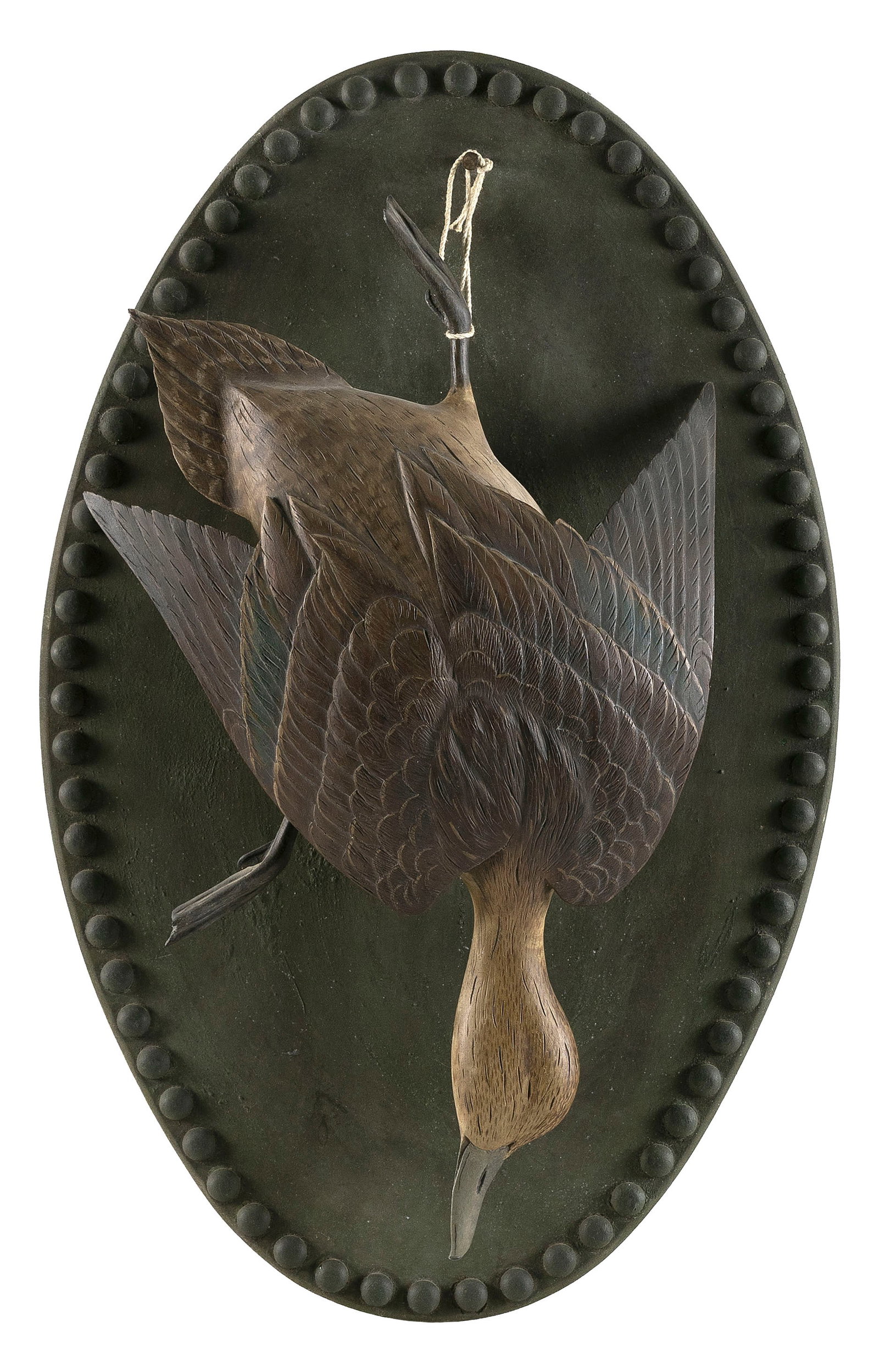 ROGER MITCHELL CARVED AND PAINTED GAME BAG PINTAIL HEN PLAQUE Massachusetts, Contemporary Plaque 25": ROGER MITCHELL CARVED AND PAINTED GAME BAG PINTAIL HEN PLAQUE Massachusetts, Contemporary Pintail with carved feather details. Signed on back. Plaque 25" x 18". Notes: Roger C. Mitchell is an avid hun
