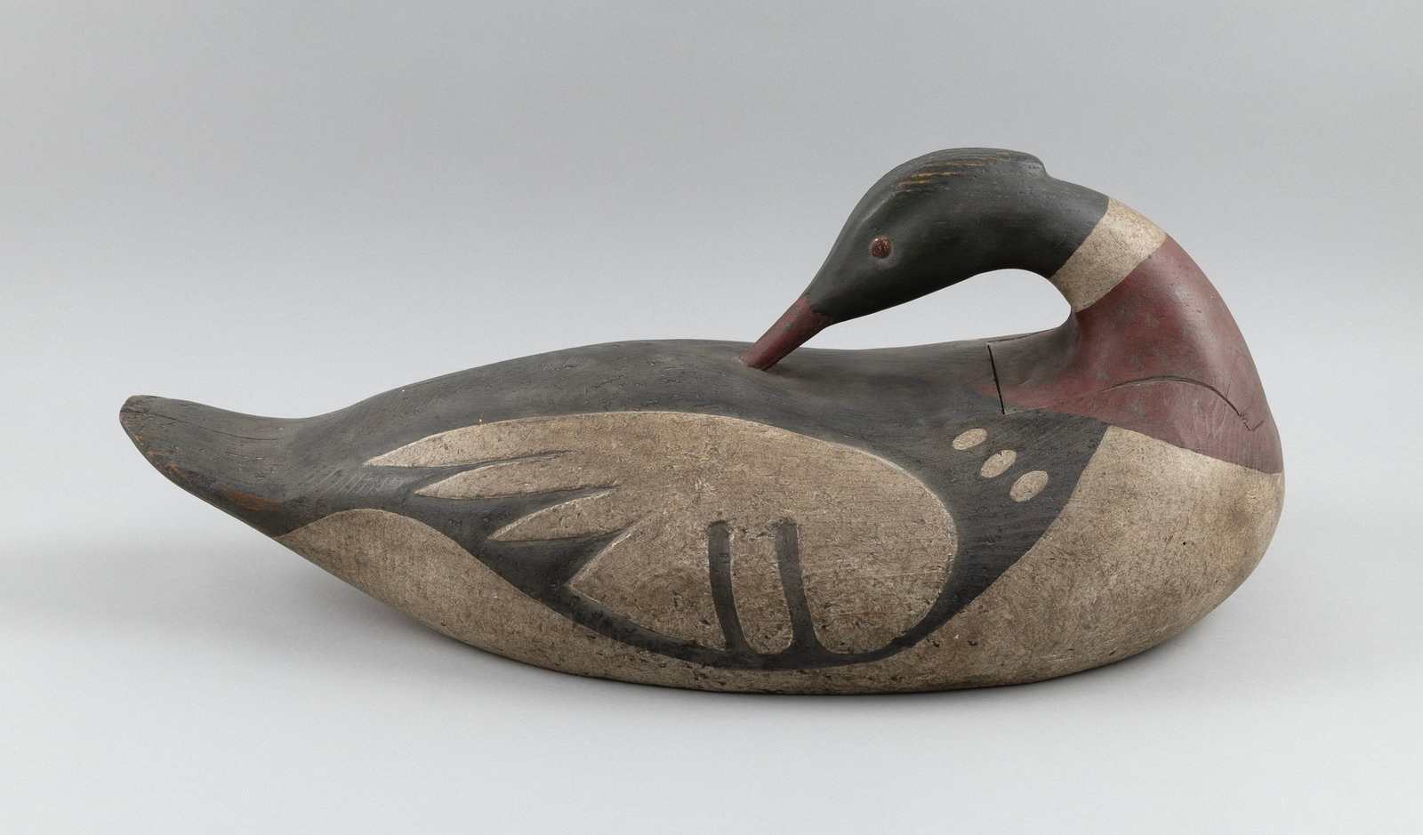 ROGER MITCHELL MAINE PREENING MERGANSER CARVING Massachusetts, Contemporary Length 22". (1 of 3)