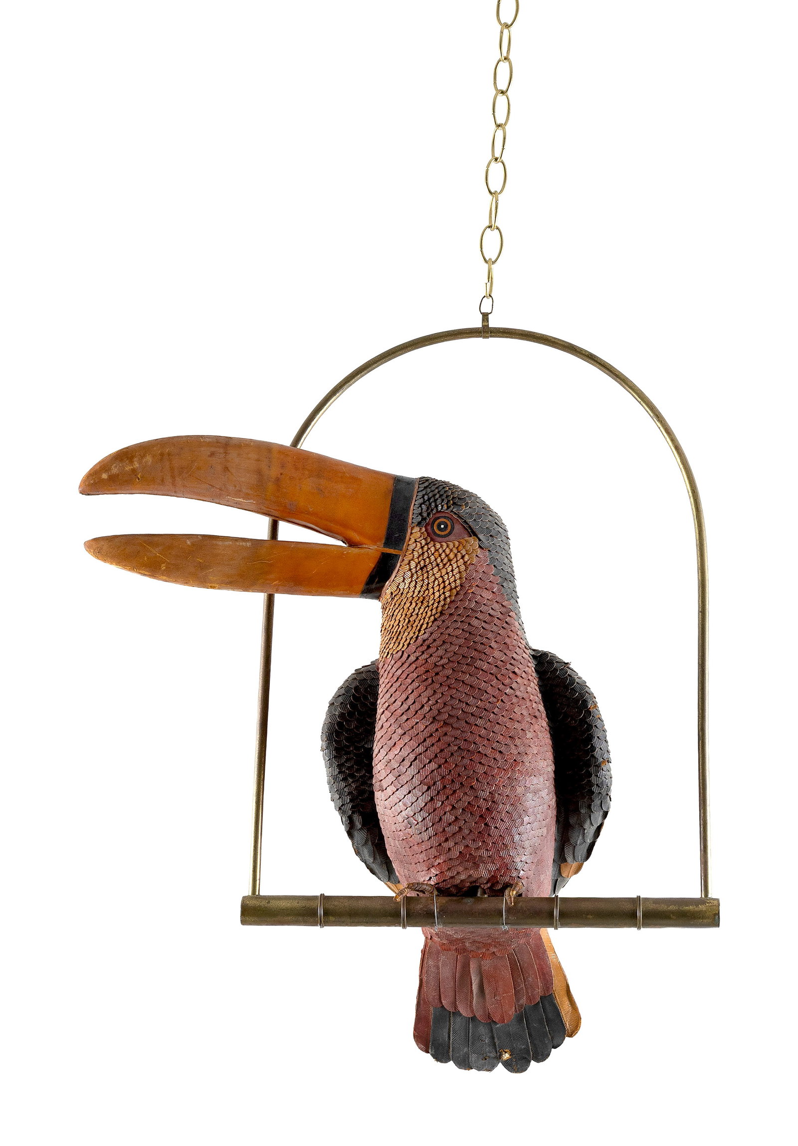 VINTAGE LEATHER FIGURE OF A PERCHED TOUCAN 20th Century Height 27". (1 of 3)