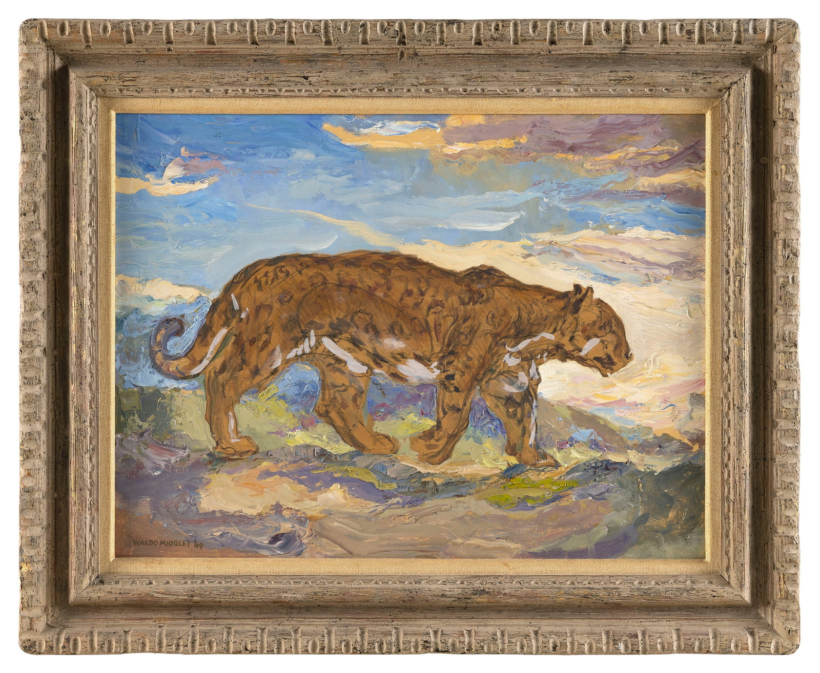 WALDO PARK MIDGLEY (New York/Utah, 1888-1986), "Jungle Cat"., Oil on board, 16" x 21". Framed 22" x: WALDO PARK MIDGLEY New York/Utah, 1888-1986 "Jungle Cat". Signed lower left "Waldo Midgley". Titled on label verso. Oil on board, 16" x 21". Framed 22" x 27". Exhibited: University of Utah, 1984 (labe