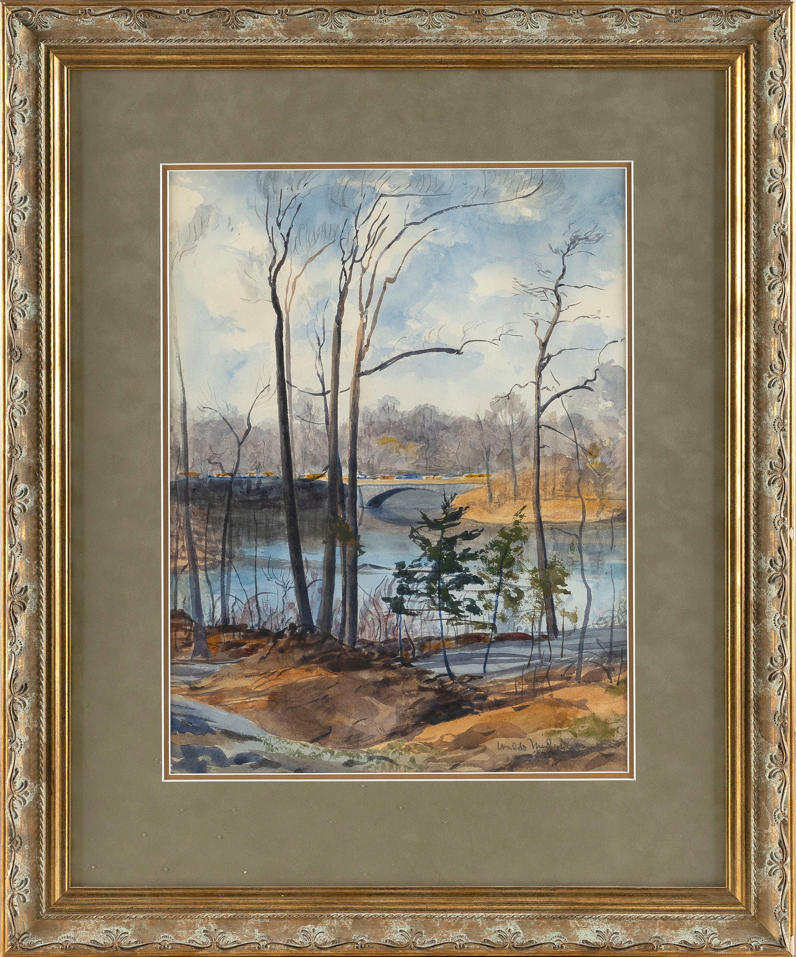 WALDO PARK MIDGLEY (New York/Utah, 1888-1986), View of a park bridge., Watercolor on paper, 17" x (1 of 2)