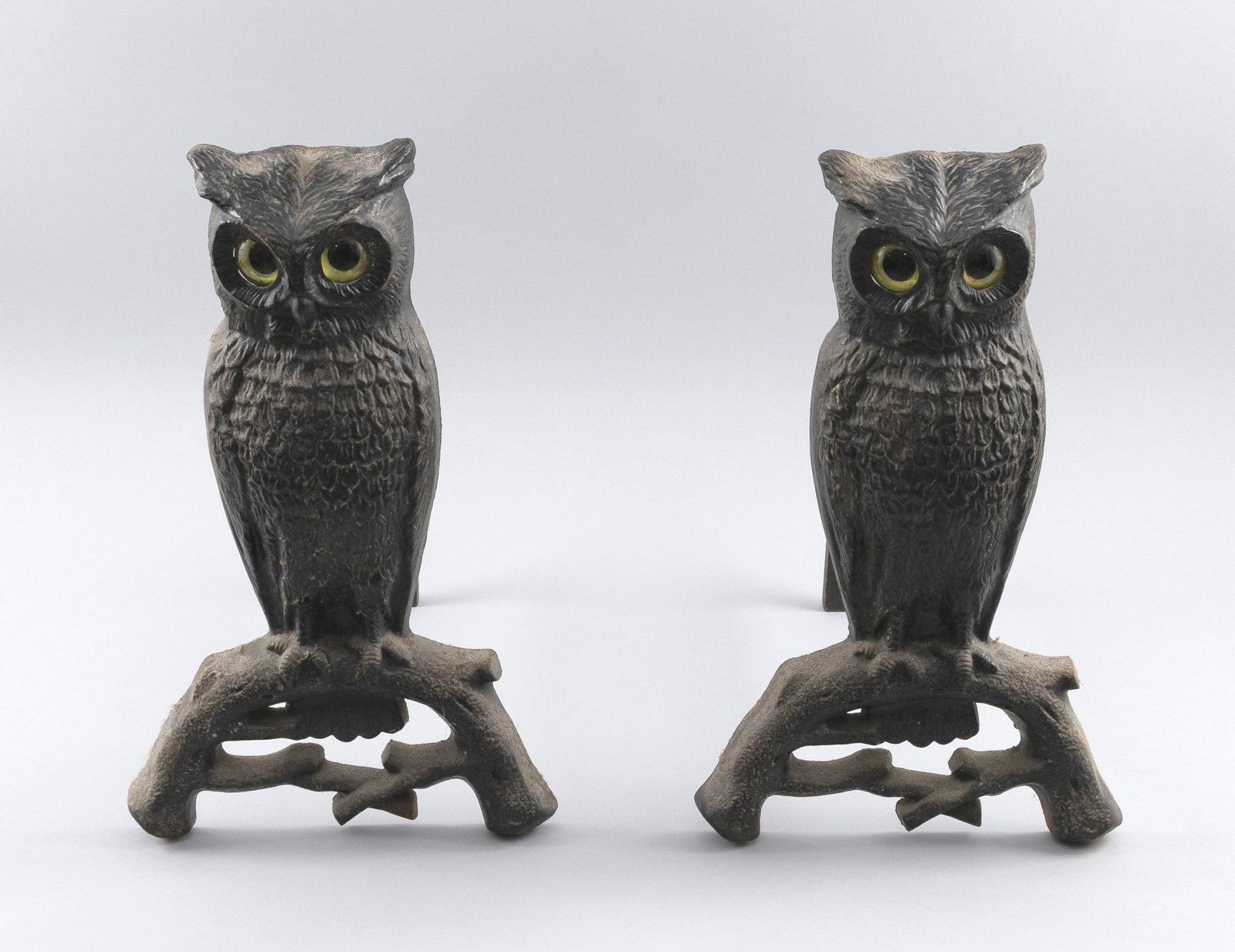 PAIR OF CAST IRON OWL ANDIRONS 20th Century Heights 16". (1 of 2)