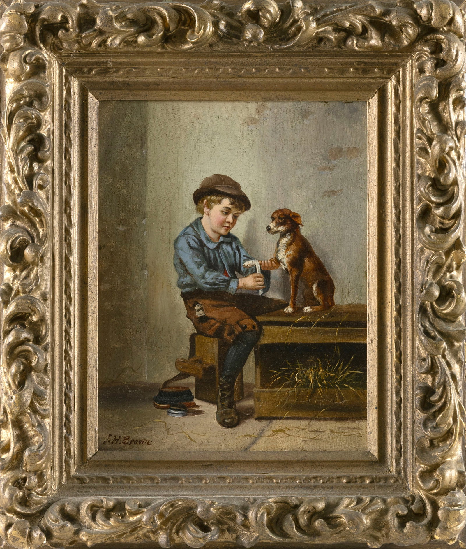 STYLE OF JOHN G. BROWN (19th Century,), A boy and his dog., Oil on canvas, 14" x 11". Framed 21.5" x (1 of 2)